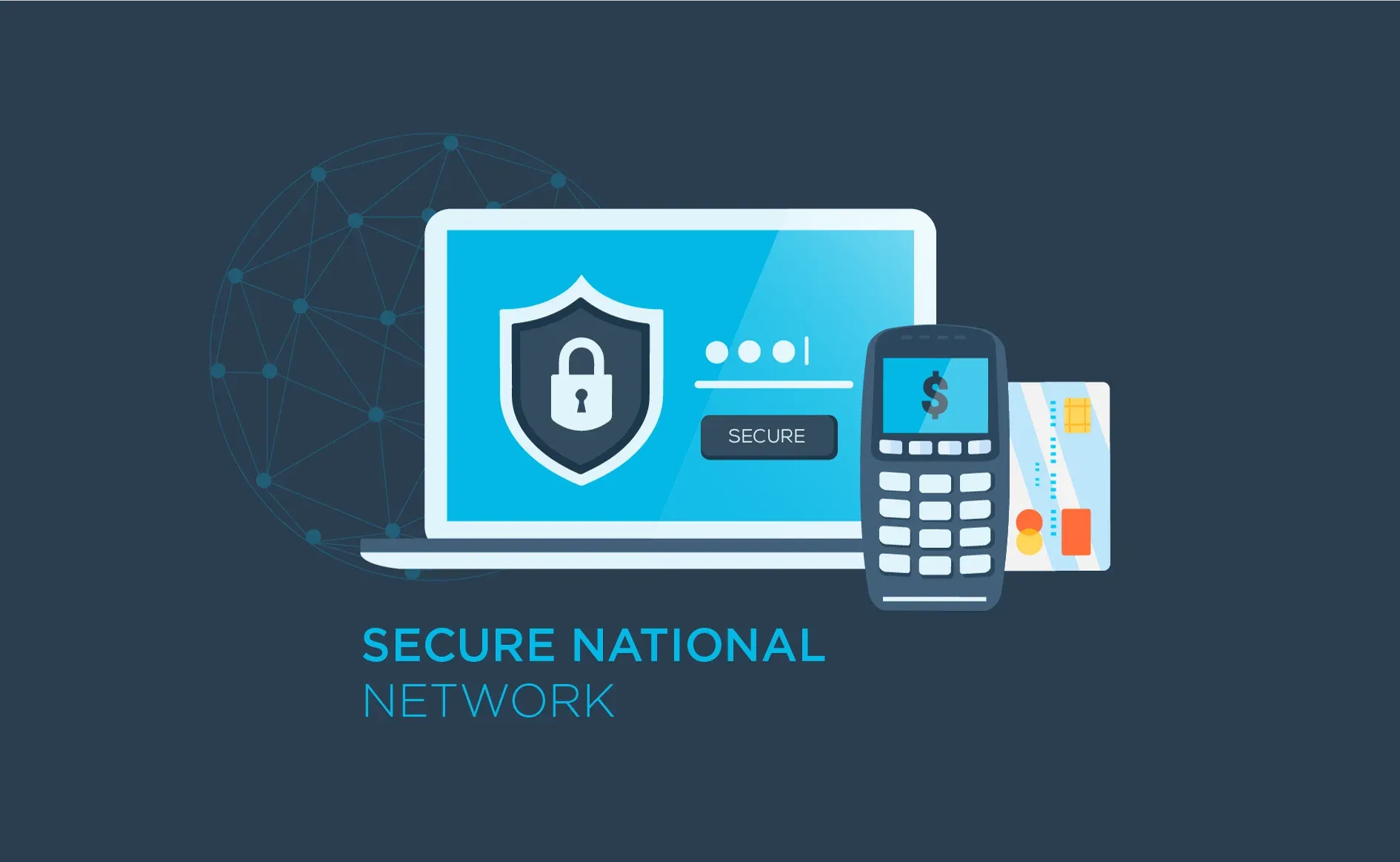 A laptop with a shield lock beside a payment terminal and card, above the line Secure National Network.