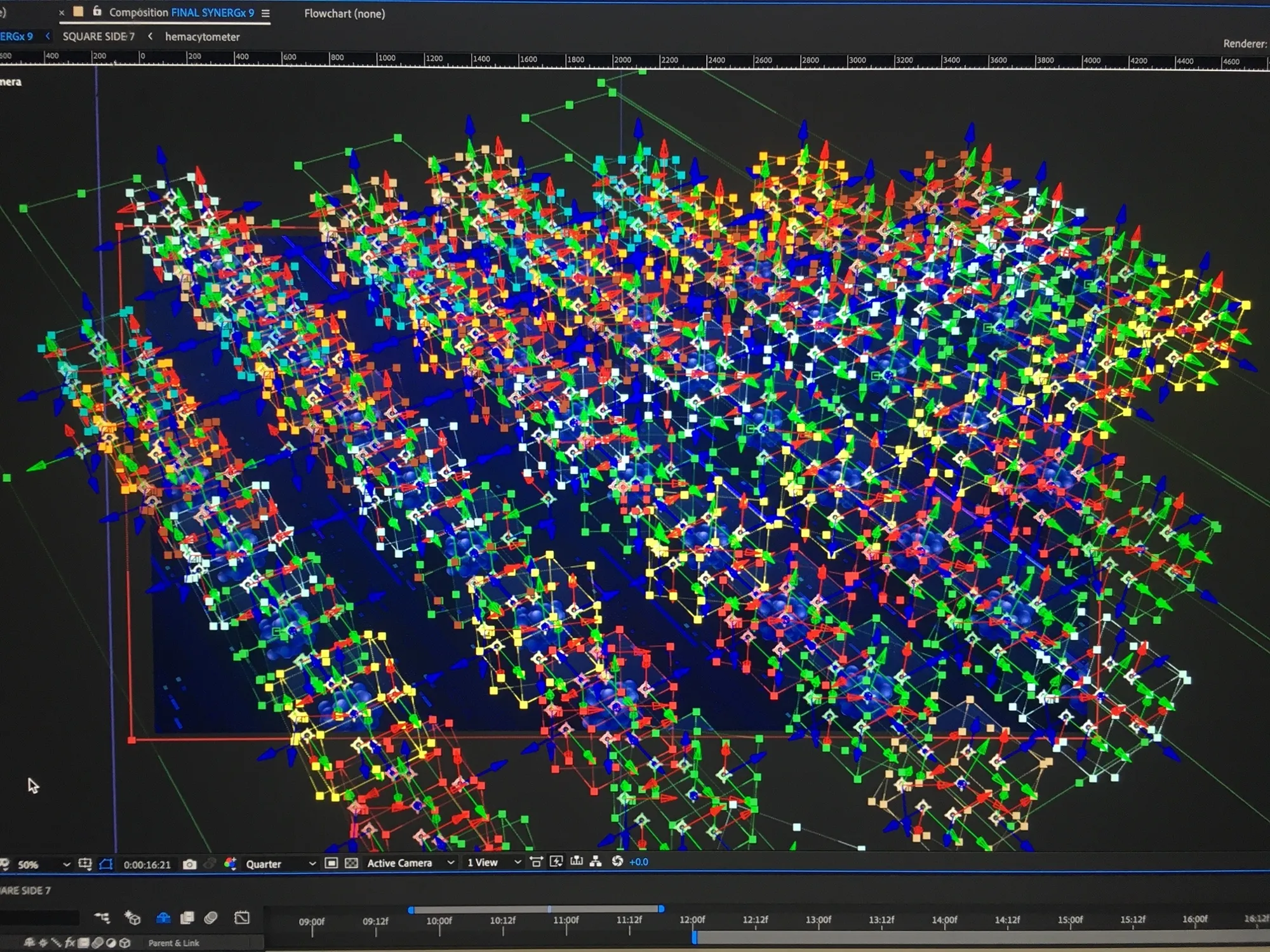 An After Effects viewport building a dense 3D particle data cloud for the Microsoft animation.